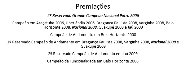 Premiações 2º Reservado Grande Campeão Nacional Potro 2006 Campeão em Araçatuba 2006, Uberlândia 2006, Bragança Paulista 2008, Varginha 2008, Belo Horizonte 2008, Nacional 2008, Guaxupé 2009 e Jaú 2009 Campeão de Andamento em Belo Horizonte 2008 1º Reservado Campeão de Andamento em Bragança Paulista 2008, Varginha 2008, Nacional 2008 e Guaxupé 2009 2º Reservado Campeão de Andamento em Jaú 2009 Campeão de Funcionalidade em Belo Horizonte 2008