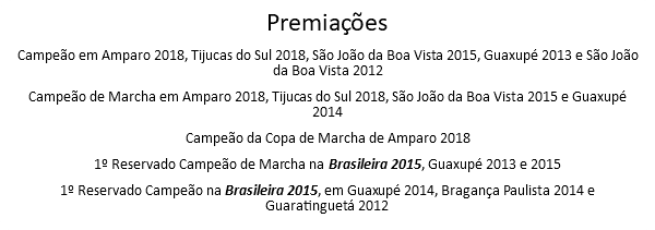 Premiações Campeão em Amparo 2018, Tijucas do Sul 2018, São João da Boa Vista 2015, Guaxupé 2013 e São João da Boa Vista 2012 Campeão de Marcha em Amparo 2018, Tijucas do Sul 2018, São João da Boa Vista 2015 e Guaxupé 2014 Campeão da Copa de Marcha de Amparo 2018 1º Reservado Campeão de Marcha na Brasileira 2015, Guaxupé 2013 e 2015 1º Reservado Campeão na Brasileira 2015, em Guaxupé 2014, Bragança Paulista 2014 e Guaratinguetá 2012