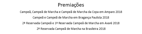 Premiações Campeã, Campeã de Marcha e Campeã de Marcha da Copa em Amparo 2018 Campeã e Campeã de Marcha em Bragança Paulista 2018 2ª Reservada Campeã e 1ª Reservada Campeã de Marcha em Avaré 2018 2ª Reservada Campeã de Marcha na Brasileira 2018