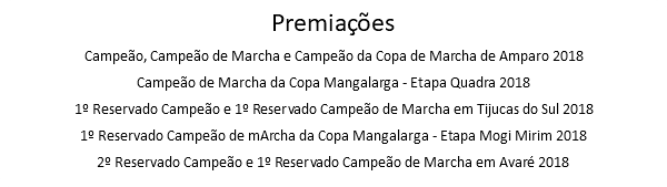 Premiações Campeão, Campeão de Marcha e Campeão da Copa de Marcha de Amparo 2018 Campeão de Marcha da Copa Mangalarga - Etapa Quadra 2018 1º Reservado Campeão e 1º Reservado Campeão de Marcha em Tijucas do Sul 2018 1º Reservado Campeão de mArcha da Copa Mangalarga - Etapa Mogi Mirim 2018 2º Reservado Campeão e 1º Reservado Campeão de Marcha em Avaré 2018